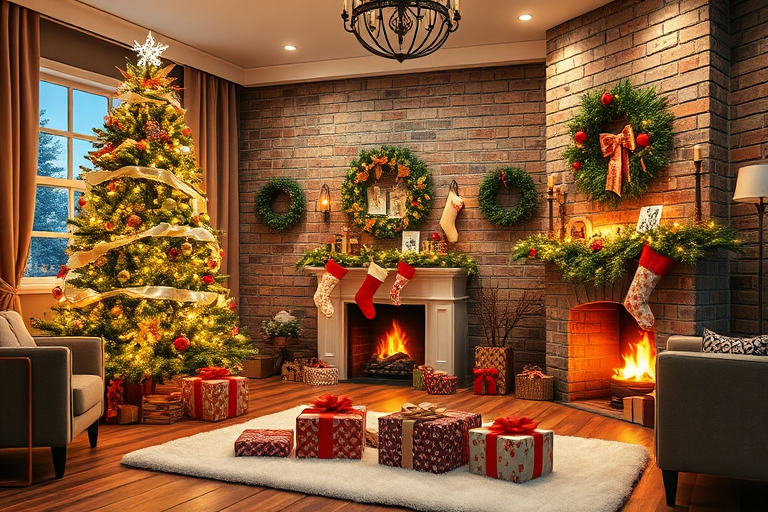 Cozy living room decorated for Christmas with a large illuminated tree adorned with ornaments and bows stockings hanging from the mantel a warm fireplace glowing with fire presents wrapped in festive paper on a white rug and comfortable seating in a welcoming atmosphere