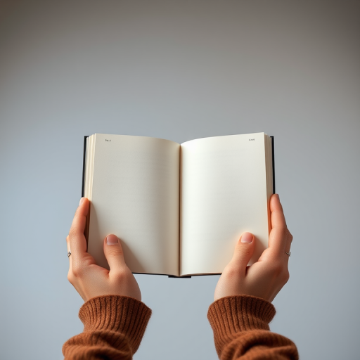 Hands holding an open blank book, shallow depth of field with a soft focus background, aperture f/2.8, ISO 100, 50mm lens, soft studio lighting.