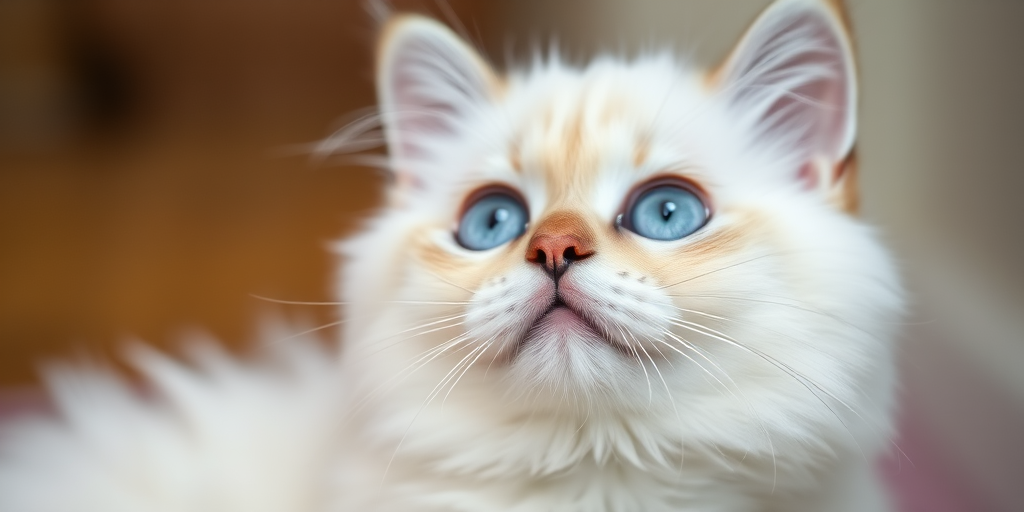 a fluffy white cat with blue eyes looking up curiously, soft focus background