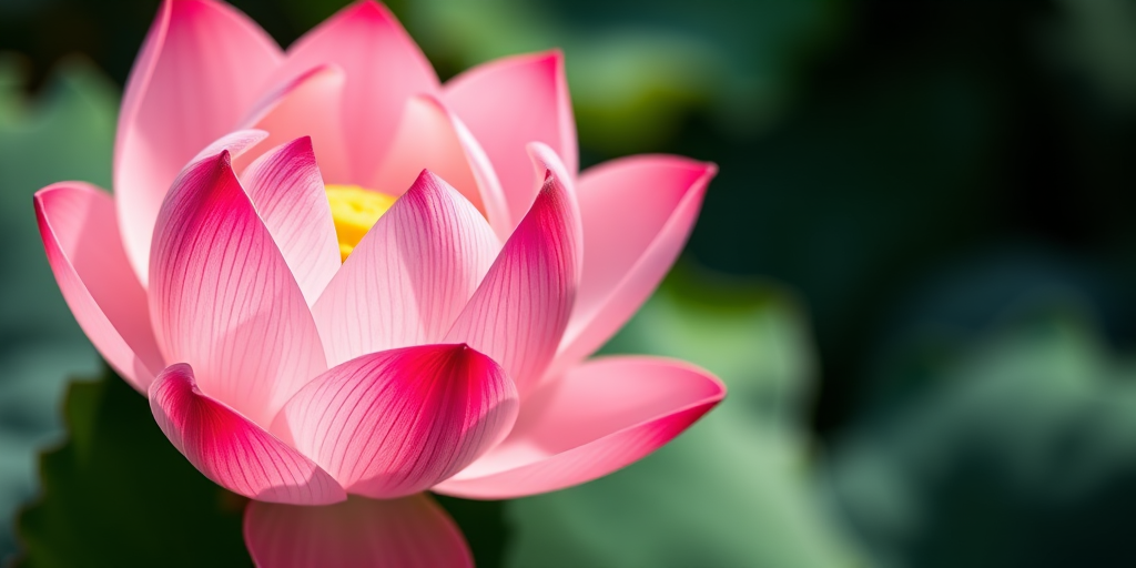 highly detailed close-up of a pink lotus flower with green leaves, soft natural lighting, aperture f/2.8, shutter speed 1/200s, ISO 200, macro lens, DSLR camera, shallow depth of field