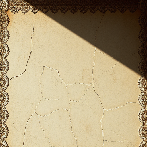 Generate a high-resolution texture image with a vintage antique background featuring subtle cracks and a lace-like border, shot with a Canon EOS R5 at ISO 200, f/8 aperture, 50mm lens, in soft natural lighting from the side to enhance textures and details.