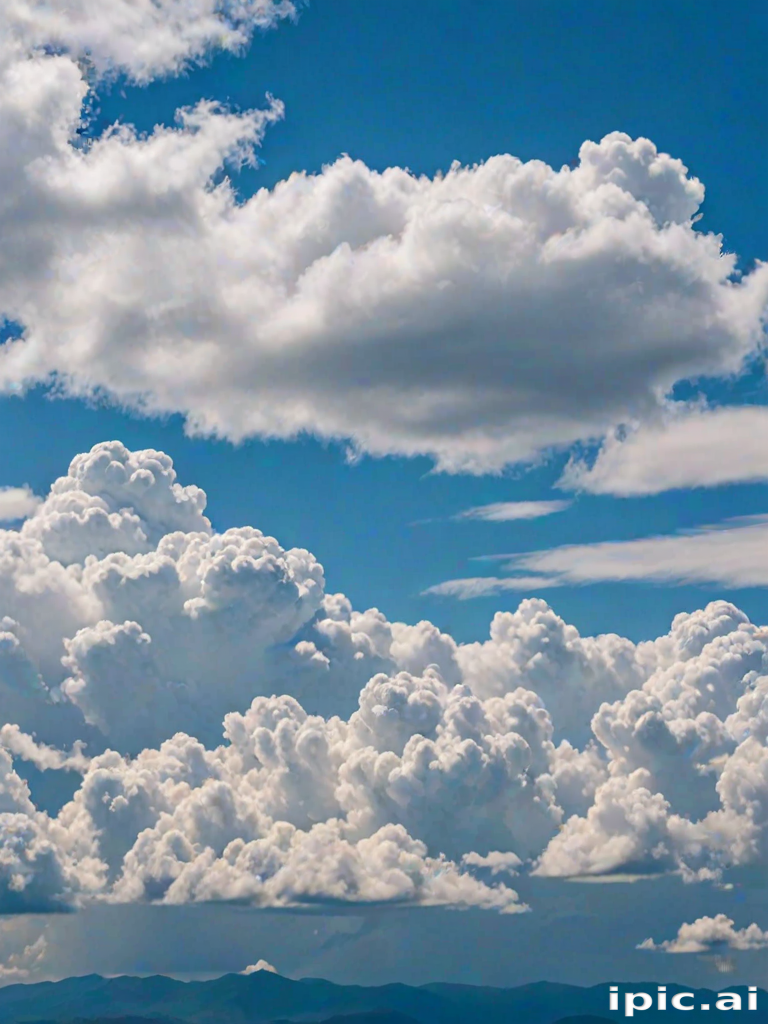 Fluffy White Clouds Floating in a Bright Blue Sky Above Mountains