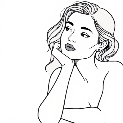 Create a minimalist line art illustration of a woman resting her chin on her hand with soft pastel background colors, with a focus on simple shapes and forms, captured with a Canon EOS R5, 50mm lens, aperture f/2.8, ISO 100, natural light, and a clean white backdrop to enhance clarity and detail.