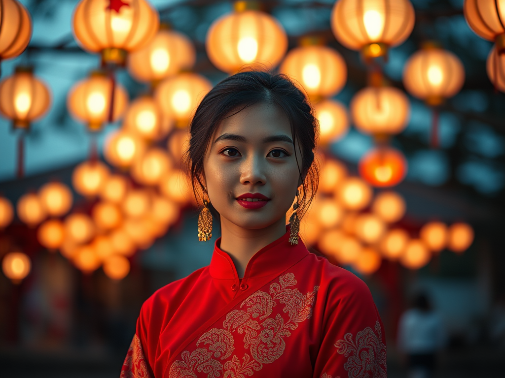 Capture a portrait of a young woman in traditional Asian attire surrounded by illuminated lanterns at dusk, using a Canon EOS R5 with a 50mm f/1.2 lens, aperture set to f/1.8, ISO 200 for enhanced low-light performance, and soft focus to create a dreamy atmosphere.