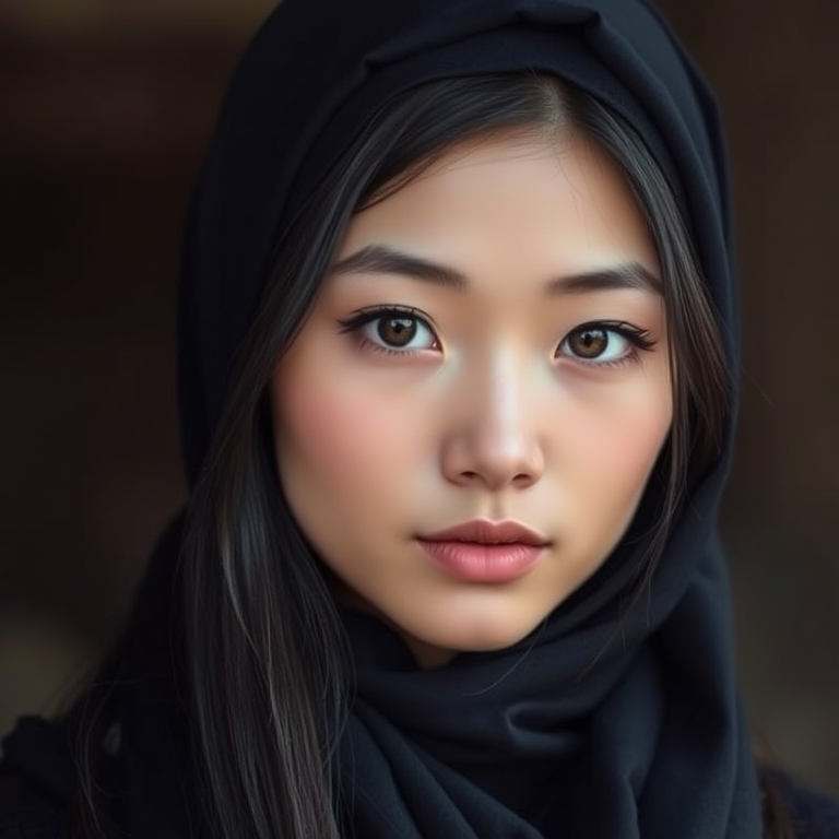 Create a portrait of a young Vietnamese woman with long, dark hair and captivating hazel eyes. She is wearing a black headscarf and a matching scarf draped gracefully around her neck. The background is softly blurred, focusing attention on her serene and natural expression. The overall color palette is muted and warm, enhancing the intimate and authentic feel of the portrait.