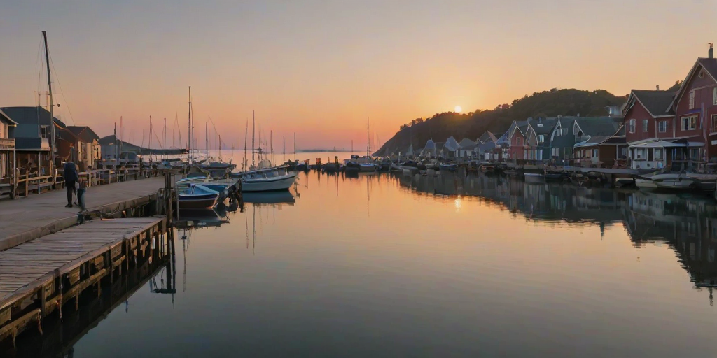 Quiet fishing village at dawn, boats bobbing gently in the harbor, and a woman standing at the edge of the pier, watching the sun rise over the calm waters.