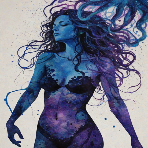 Captivating conceptual render alcohol ink art, double exposure, the paint strokes artfully merge combining a woman's full silhouette with a Jolly jellyfish's silhouette. The figures are composed of a series of colored dots, lines & spots that evoke the image of a cosmic galaxy, colors are deep shades of blue purple & black with flashes of white & silver representing distant stars. The woman's silhouette is formed within the lion's silhouette from constellations of scattered stars, surreal