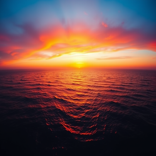 Generate an image of a sunset over a calm ocean reflecting vibrant orange and purple hues, shot with a Canon EOS 5D Mark IV, 50mm lens, aperture f/1.8, ISO 100, using a wide-angle view for a panoramic effect.