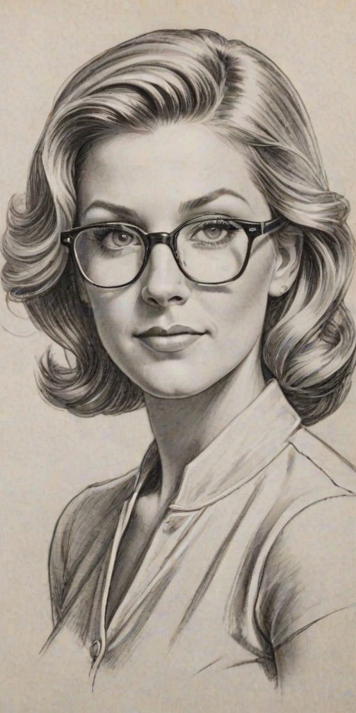 Resplendent Ainsley Earhardt, pencil sketch, portrait of Attractive woman 1934s in glasses, hair style beatnik, outline, clear lines, fine lines, 8k