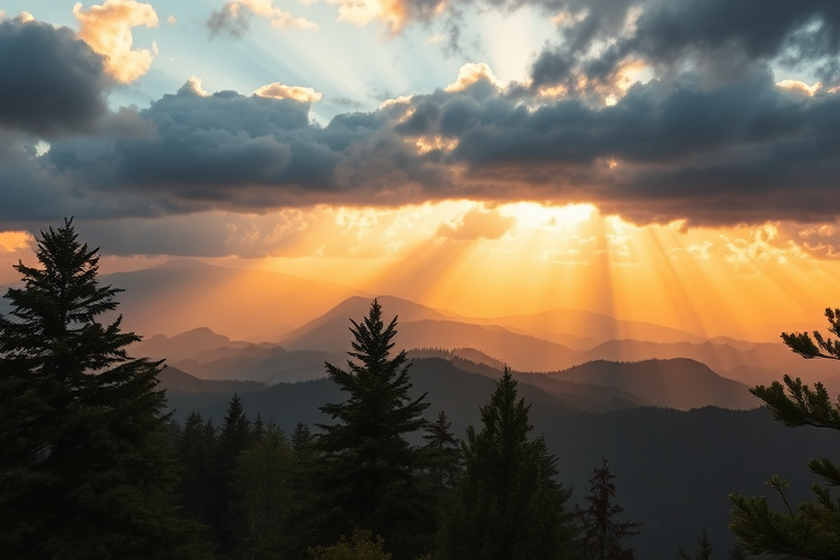 Generate a dramatic landscape of misty mountains at sunset with golden light piercing through clouds, using a DSLR camera with a 24mm lens, aperture f/8, ISO 200, 1/125 sec shutter speed, shot from a low angle perspective to emphasize foreground trees and layered mountains in the background.