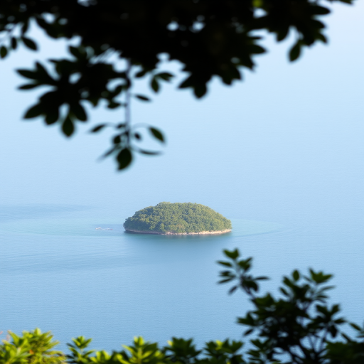 Capture a serene coastal view of a small, lush green island in a calm sea with soft, diffused sunlight, using a DSLR camera with a 24mm lens, aperture set to f/11, ISO 100, and a shutter speed of 1/250s, shot from a slightly elevated angle to include nearby foliage in the foreground.