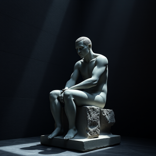 high-resolution image of a stone sculpture of a seated figure with a contemplative expression in a dark, textured environment, natural light illuminating the sculpture, aperture f/8, shutter speed 1/250 sec, ISO 100, wide-angle lens, DSLR camera