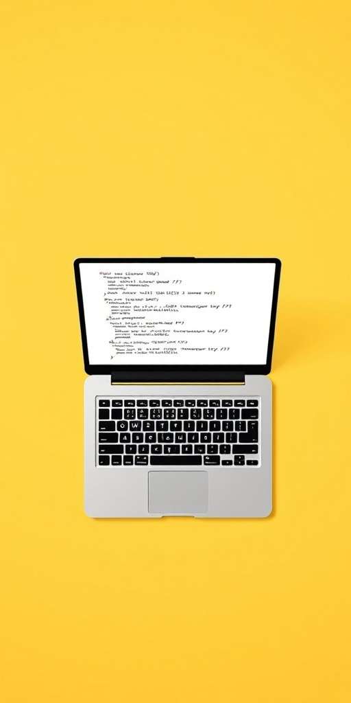 Create a minimalist illustration of a laptop on a solid yellow background displaying multiple code snippets in black and white, captured with a Canon EOS R5, lens: 24-70mm f/2.8, aperture f/8, shutter speed 1/125s, ISO 100, top-down view, flat lay style.
