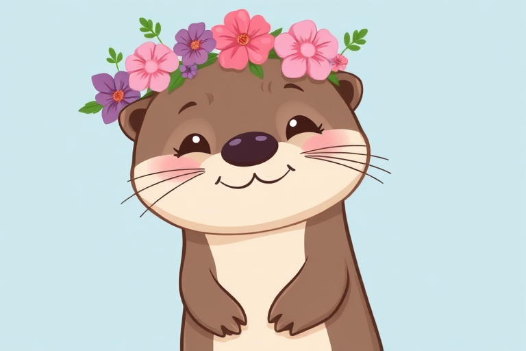 Cute cartoon otter wearing a floral crown with pink and purple flowers against a light blue background, smiling and looking friendly.
