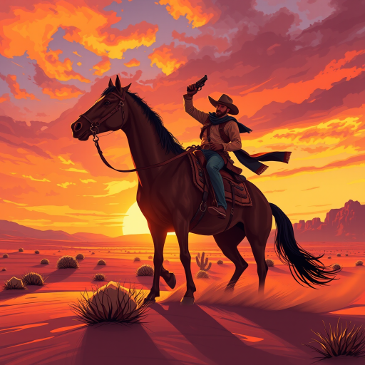 Western cowboy riding a horse in a desert landscape with a dramatic sunset background, dynamic pose with a gun raised, capturing the essence of adventure and bravery, shot with a Canon EOS R5, 50mm lens, f/2.8 aperture, ISO 100, 1/500 sec shutter speed, in a vibrant and detailed illustration style.