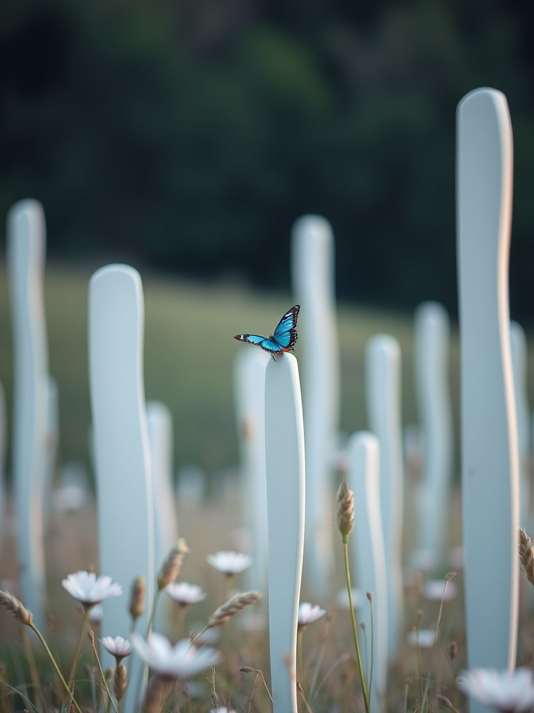 A serene landscape featuring tall, white abstract sculptures with a blue butterfly perched on one, soft pastel colors, shot with a Canon EOS R5 at f/8, ISO 100, 50mm lens, with a shallow depth of field and soft, diffused lighting for a dreamy effect.