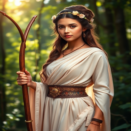 Create a portrait of a goddess-like Aymara girl figure in a tranquil, forested environment. She has an elegant appearance with long, wavy hair styled in an updo and adorned with a delicate, floral headband. She wears a flowing, ancient Greek-inspired gown in a soft, pale color, featuring a one-shoulder design and draped fabric that accentuates her graceful form. The outfit includes a decorative belt with ornate gold detailing, and she holds a bow in her hand, with a quiver of arrows slung over her shoulder. The background depicts lush greenery, with sunlight filtering through the trees, casting a gentle, ethereal light on the scene. Her expression is calm and contemplative, embodying a sense of wisdom and serenity.