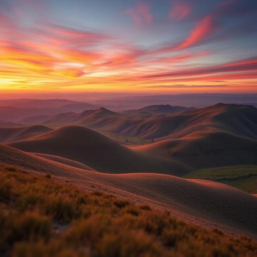 Create a high-resolution image of a serene landscape featuring rolling hills and a vibrant sunset sky, using a DSLR camera with a 50mm lens at f/1.8, ISO 100, and a shutter speed of 1/200s, shot from a low angle to emphasize foreground elements and depth, with a focus on warm color tones.