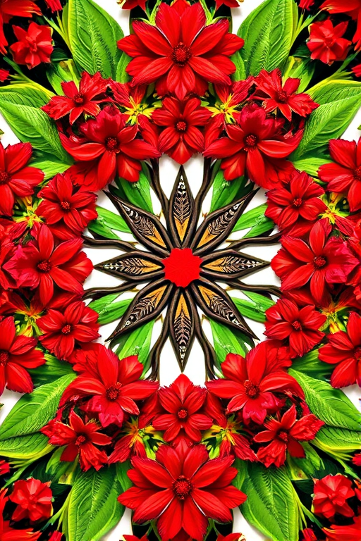Create a vibrant and intricate geometric pattern featuring red flowers, green leaves, and a bold central red line, captured with a DSLR camera at f/2.8 aperture, ISO 100, 50mm lens, top-down perspective, in bright natural light to enhance color saturation and detail.