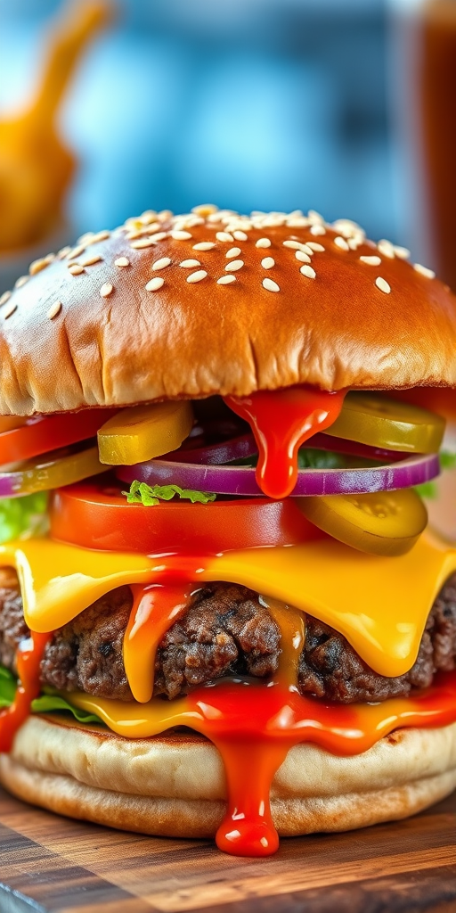 High-resolution, close-up image of a gourmet double cheeseburger. The burger features a glossy, sesame-seed-topped brioche bun. Inside, there are two thick, juicy beef patties, each topped with melted cheddar cheese. The burger is garnished with fresh lettuce, tomato slices, diced onions, and pickles. A generous amount of ketchup and a creamy, orange-colored sauce is dripping down the sides, adding to the mouth-watering appeal. In the background, there are blurred elements including a side of golden French fries and a hint of a beverage, enhancing the overall presentation of a delicious meal.