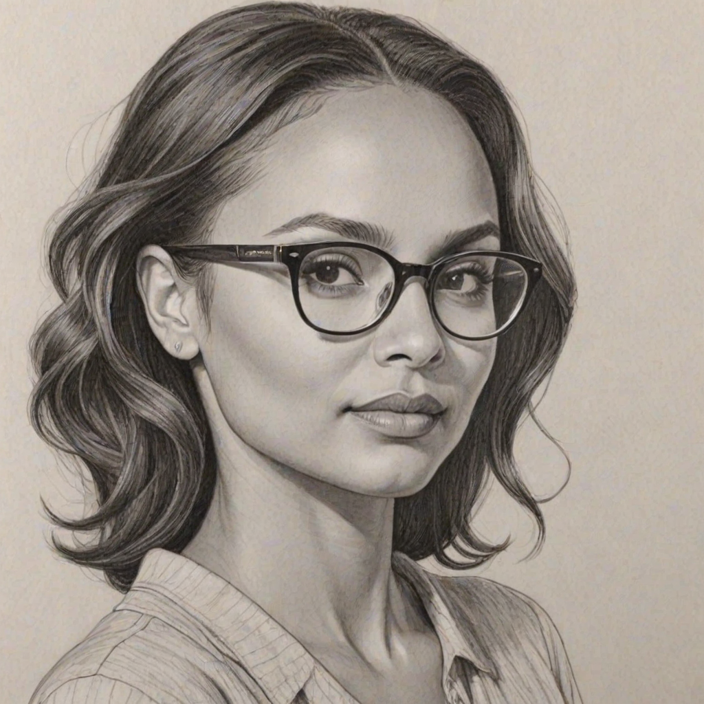Captivating Danielle Nicolet, pencil sketch, portrait of Gorgeous woman 1947s in glasses, hair style beatnik, outline, clear lines, fine lines, 8k