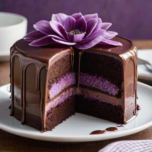 Generate an image of a round chocolate cake with a glossy chocolate ganache coating. The cake is decorated with purple flower-shaped frosting on top and has a slice cut out, revealing a rich filling inside. Next to the cake, there is a small bowl of vibrant purple sauce and a plate with the slice of cake, showcasing its layers. The setting is simple and elegant.