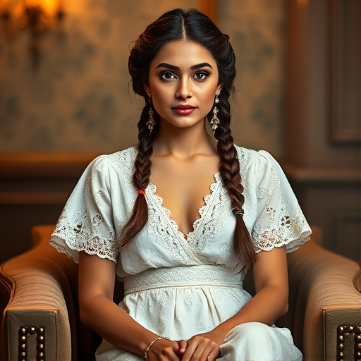 Create a portrait of a refined and elegant Afghan woman seated in a sophisticated setting. She has long, wavy hair styled in two thick braids that are pulled over her shoulders. She wears a white, lace gown with intricate patterns, featuring a deep V-neckline and short sleeves. The dress exudes a vintage charm with its delicate lacework. She is adorned with ornate, dangling earrings that add a touch of glamour to her appearance. The background is softly lit, with warm, ambient lighting that creates a cozy and inviting atmosphere. Her expression is poised and serene, capturing a sense of grace and elegance.