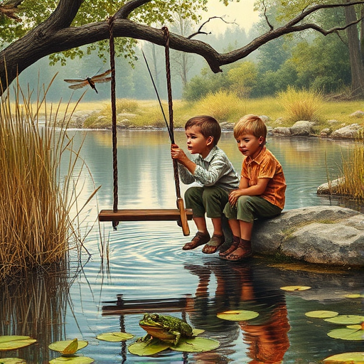 Imagine a small group of old fashioned young boys out fishing by the creek, a swing hanging from a tree branch, reeds and grasses by the water's edge, a frog sitting on a lily pad, dragonflies hovering over som water plans, a very iconic old fashioned scene reminiscent of a Norman Rockwell painting style