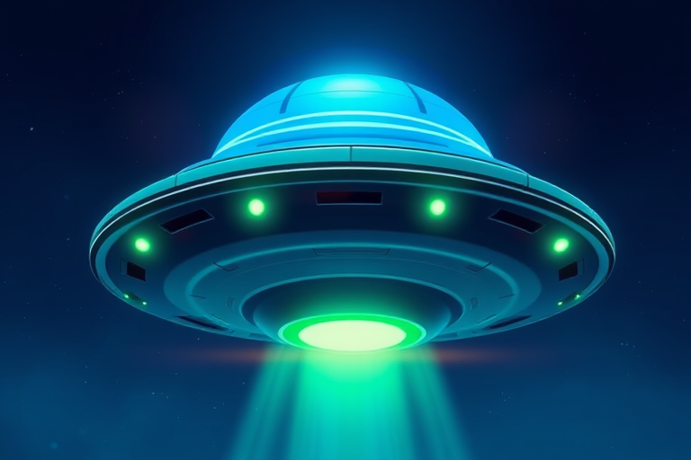 Create a vibrant, high-resolution illustration of a futuristic UFO with a shiny blue dome and glowing green lights, captured from a low-angle view using a DSLR camera set to f/2.8, ISO 100, shutter speed 1/200s, in daylight conditions for enhanced brightness and clarity.