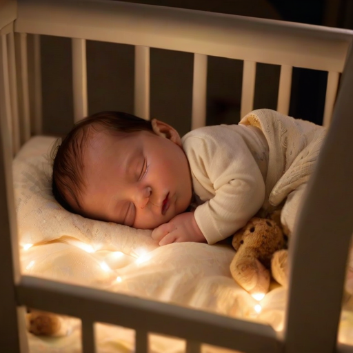 Warm, softly lit image of a newborn baby sleeping peacefully in a crib, soft glow from a nightlight illuminating the delicate features, with plush toys scattered nearby.