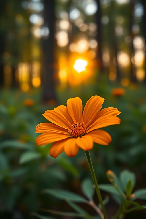 capture a single vibrant orange flower in a lush forest during golden hour with soft bokeh in the background, using a Canon EOS R5, 50mm f/1.2 lens, aperture set to f/2.8, ISO 100, shutter speed 1/200s, focus on the flower with a shallow depth of field