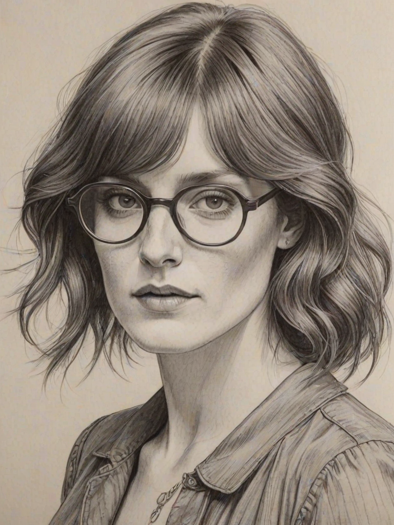 Wonderful Florence Welch, pencil sketch, portrait of Comely woman 1974s in glasses, hair style beatnik, outline, clear lines, fine lines, 8k