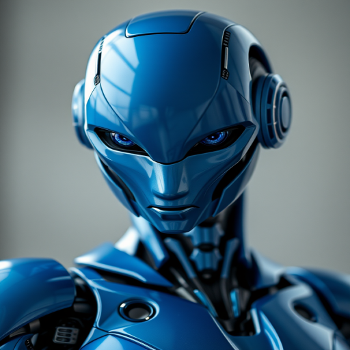 Create a futuristic robotic character with smooth blue metallic surfaces, dynamic pose, high detail, 4K resolution, close-up view, using a DSLR camera with a 50mm lens at f/1.8, ISO 100, and a soft focus background to enhance depth.