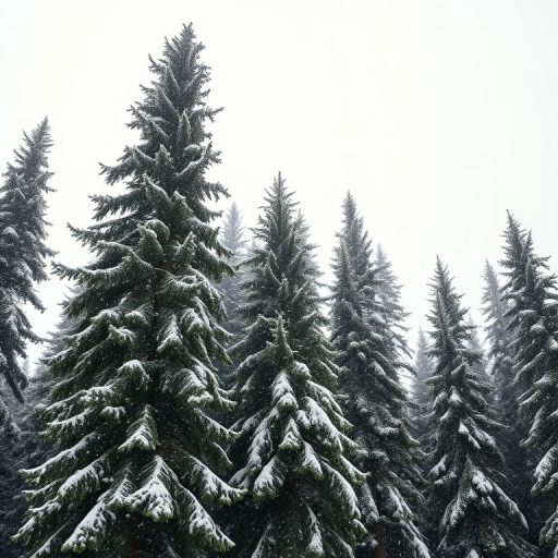 snowy landscape with tall evergreen trees, soft falling snowflakes, overcast sky, wide-angle view, f/8 aperture, 1/125 sec shutter speed, ISO 200, DSLR camera, natural light