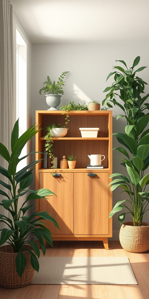 a cozy interior scene featuring a modern cabinet with greenery around it, soft lighting, digital illustration style, using a high-resolution camera with f/2.8 aperture, 35mm lens, natural light, shot from eye level