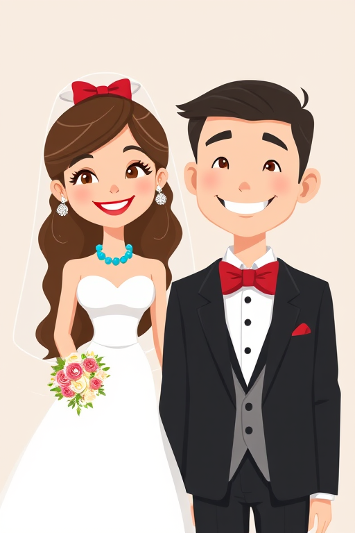 Create a cartoon illustration of a smiling bride and groom, bride in a white gown with a red bow and blue necklace, groom in a black tuxedo with a red bow tie, set against a neutral background, shot with a DSLR camera at f/8, ISO 100, 50mm lens, soft lighting for even illumination.