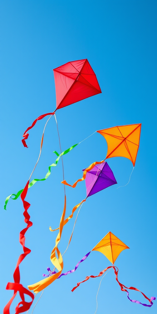 Create an illustration of colorful kites in a clear blue sky with a focus on four kites in red, green, orange, and purple, using a DSLR camera at f/5.6 aperture, 1/250 shutter speed, ISO 100, with a wide-angle lens capturing from a low angle to enhance depth and vibrancy.