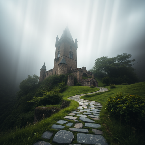 Generate a mystical landscape featuring an ancient, towering castle shrouded in mist, surrounded by lush greenery and winding stone paths, shot with a Canon EOS R5 at f/2.8, ISO 100, shutter speed 1/60 sec, wide-angle lens, capturing a low-angle view to emphasize the grandeur of the castle against a soft, magical backdrop.