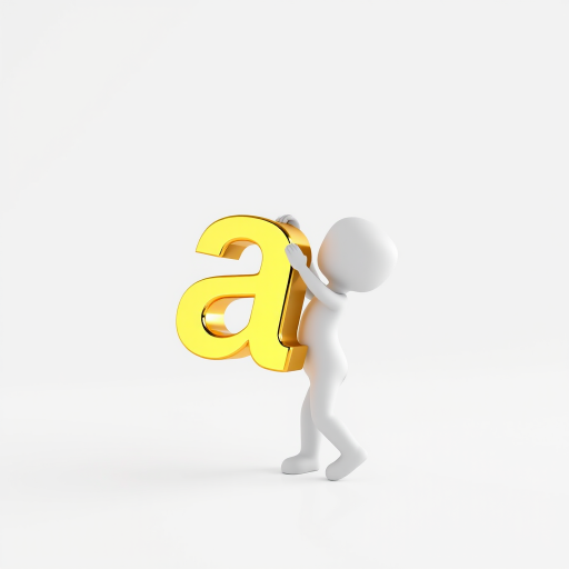 Create a 3D render of a small humanoid figure lifting a large shiny gold letter "a" in a minimalist white background, 50mm lens, f/8 aperture, ISO 100, natural lighting, shot with a digital SLR camera.