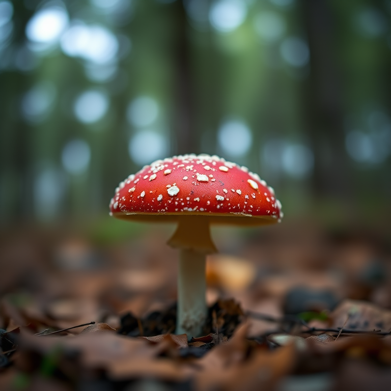 macro shot of a single red mushroom with white spots in a blurred forest background, aperture f/2.8, shutter speed 1/100, ISO 200, Canon EOS 5D Mark IV, 50mm lens, shallow depth of field