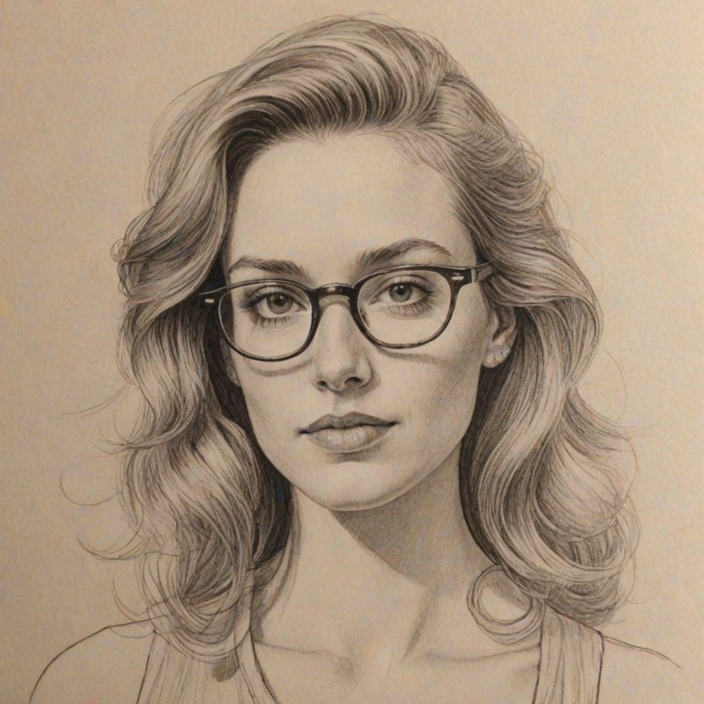 Fascinating Molly McNearney, pencil sketch, portrait of Radiant woman 1979s in glasses, hair style beatnik, outline, clear lines, fine lines, 8k