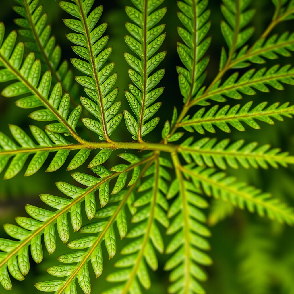 Create a detailed close-up image of a vibrant green fern leaf with high contrast, using a macro lens at f/8 aperture, ISO 100, shutter speed 1/250s, shot from a bird's eye view, with natural soft lighting to enhance texture and color saturation.