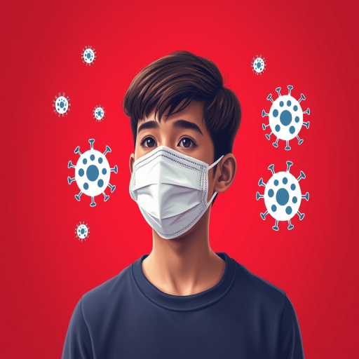 Create a digital illustration of a young person wearing a white mask against a gradient red background, with cartoonish virus illustrations around, using a soft focus lens, aperture f/2.8, ISO 100, 50mm lens, and a portrait style composition.
