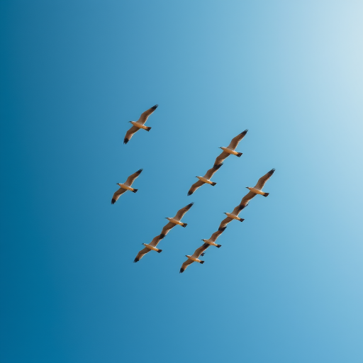 Capture a high-resolution image of a flock of birds flying in a V formation against a clear blue sky using a DSLR camera, 24mm lens, f/8 aperture, ISO 100, 1/2000 sec shutter speed, shot from a low angle for a dramatic perspective.
