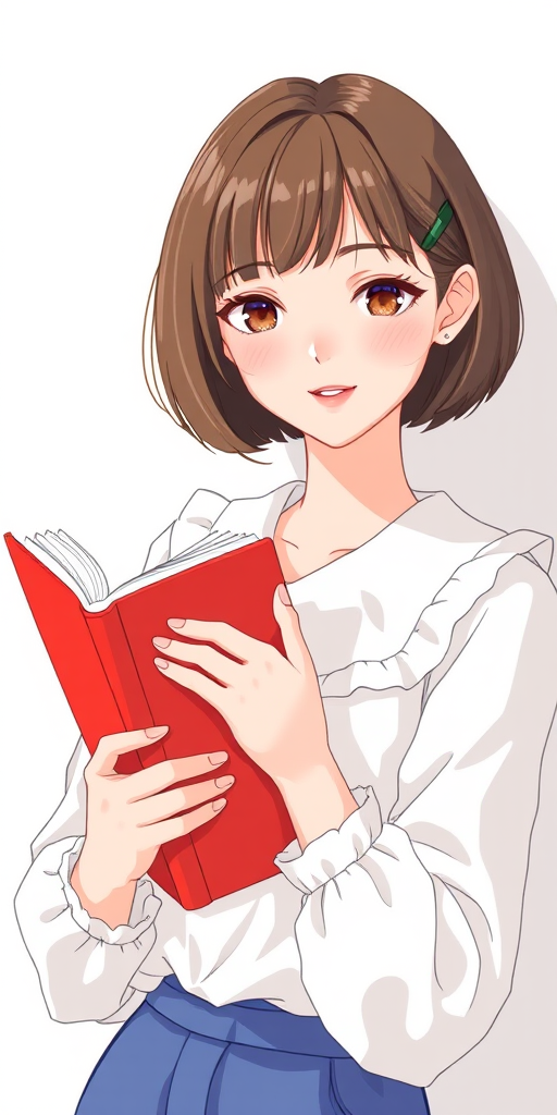 Create a vector illustration of a person with a bob haircut holding a red book, wearing a blouse with a fluffy collar, styled with soft pastel colors, captured in a flat lay perspective with high resolution, f/2.8 aperture, 50mm lens, using natural light for a clean, vivid appearance.