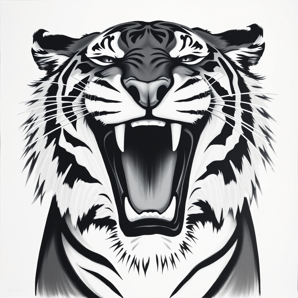 Abstract black and white acrylic portrait of an over exaggerated laughing (tiger). Minimalism style. White background.