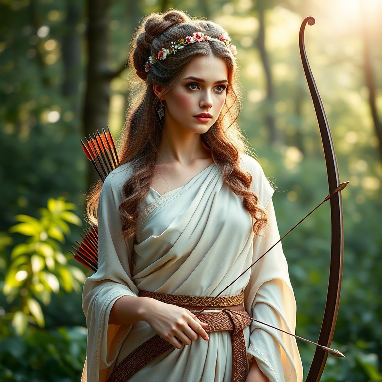 Create a portrait of a goddess-like Persian girl figure in a tranquil, forested environment. She has an elegant appearance with long, wavy hair styled in an updo and adorned with a delicate, floral headband. She wears a flowing, ancient Greek-inspired gown in a soft, pale color, featuring a one-shoulder design and draped fabric that accentuates her graceful form. The outfit includes a decorative belt with ornate gold detailing, and she holds a bow in her hand, with a quiver of arrows slung over her shoulder. The background depicts lush greenery, with sunlight filtering through the trees, casting a gentle, ethereal light on the scene. Her expression is calm and contemplative, embodying a sense of wisdom and serenity.