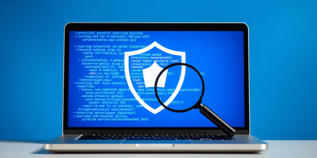 Create an image of a laptop with a blue background displaying a shield symbol and a magnifying glass over code while ensuring high resolution, using a 50mm lens, f/8 aperture, 1/125s shutter speed, and natural lighting.