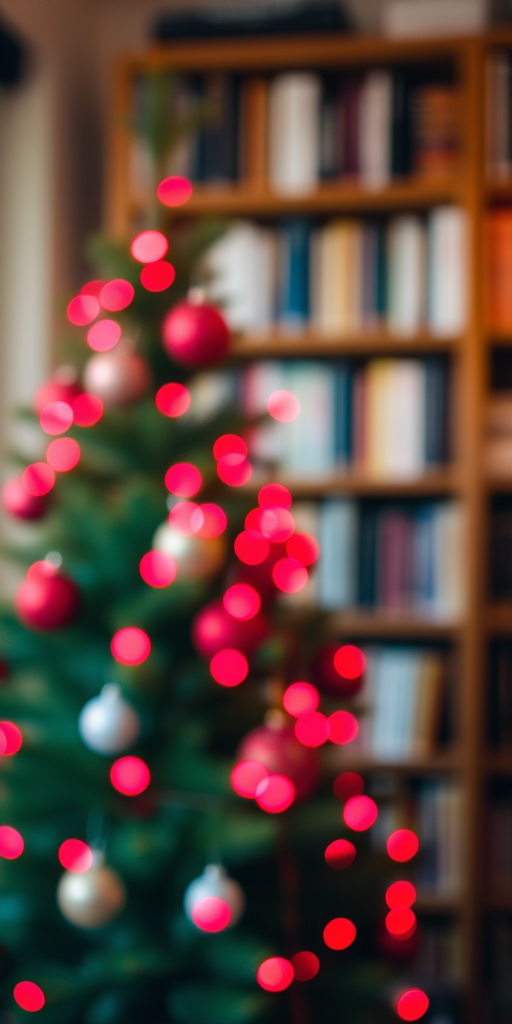 Create an image of a softly blurred Christmas tree in the foreground with vibrant red and pink lights. In the background, include a bookshelf filled with books, and ensure the setting has a warm, festive atmosphere. The focus should be on the bokeh effect of the lights while maintaining a hint of the surrounding environment.