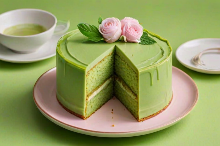 Create an image of a round matcha cake with a smooth green surface, featuring a slice cut out to reveal layers of light green and white. The cake should be presented on a simple green plate, with a pastel pink background to highlight its colors.